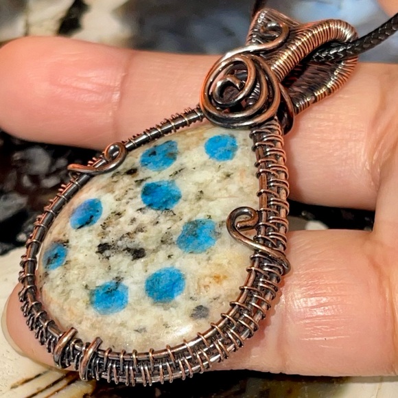 handmade & handcrafted gemstone jewelry Jewelry - Copper Wire-Wrapped K2 Azurite Jasper Pendant 2 1/4”